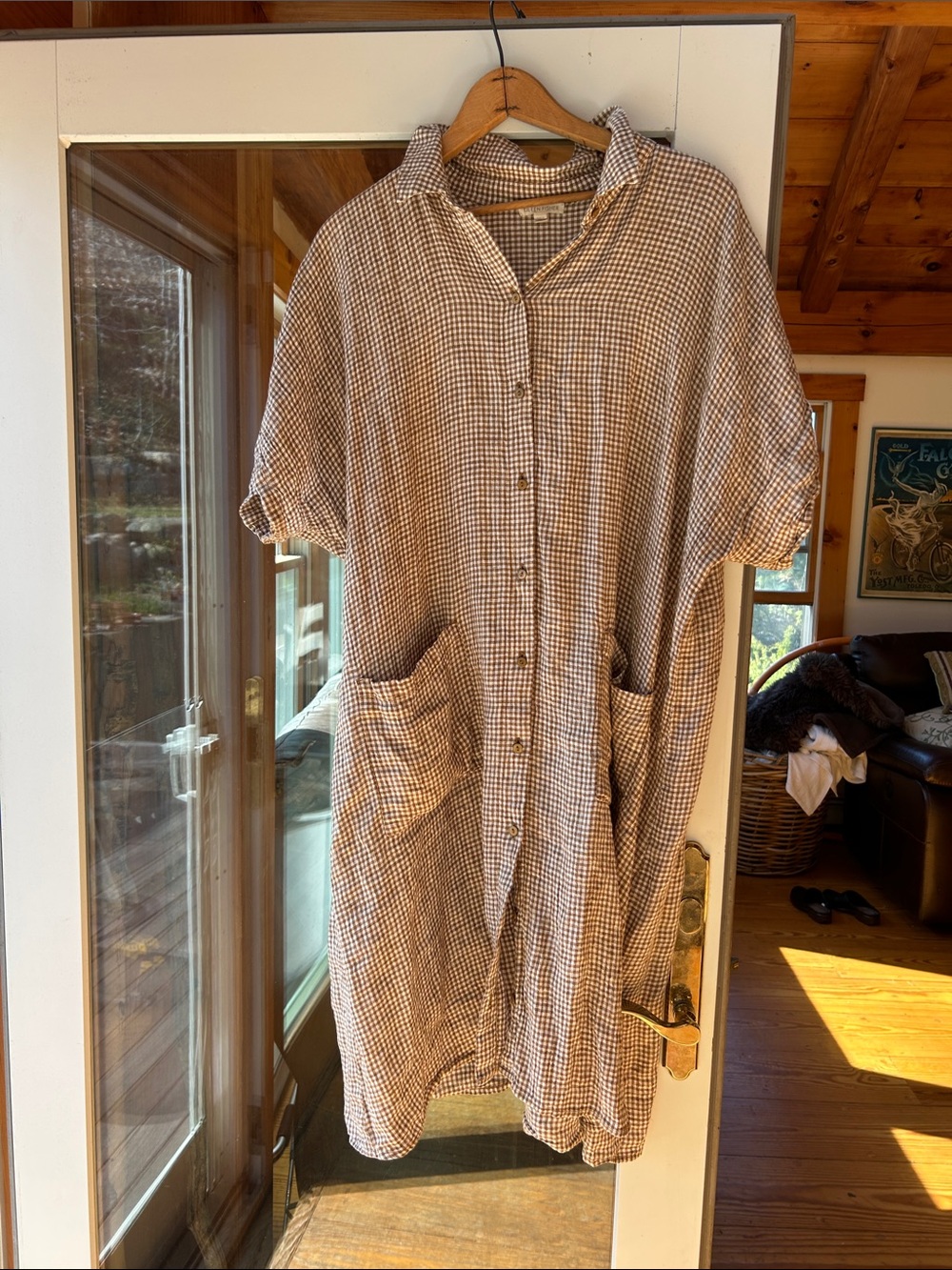 Eileen Fisher Beige and White Gingham Short-Sleeve Shirt Dress